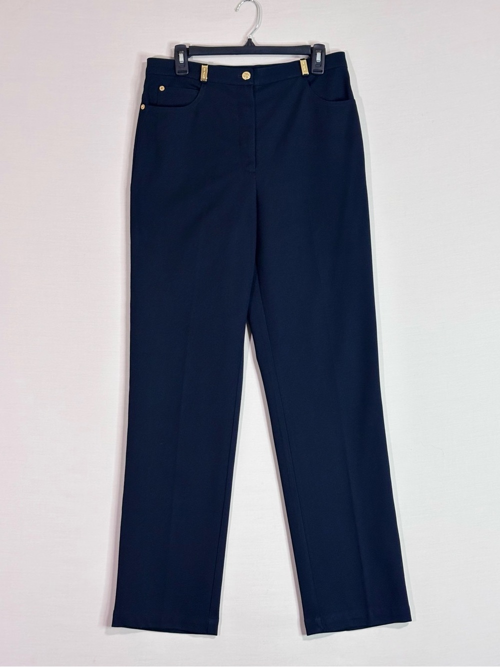 ST. JOHN SPORT Navy Straight Leg Stretch Pants Gold Hardware Size 10
